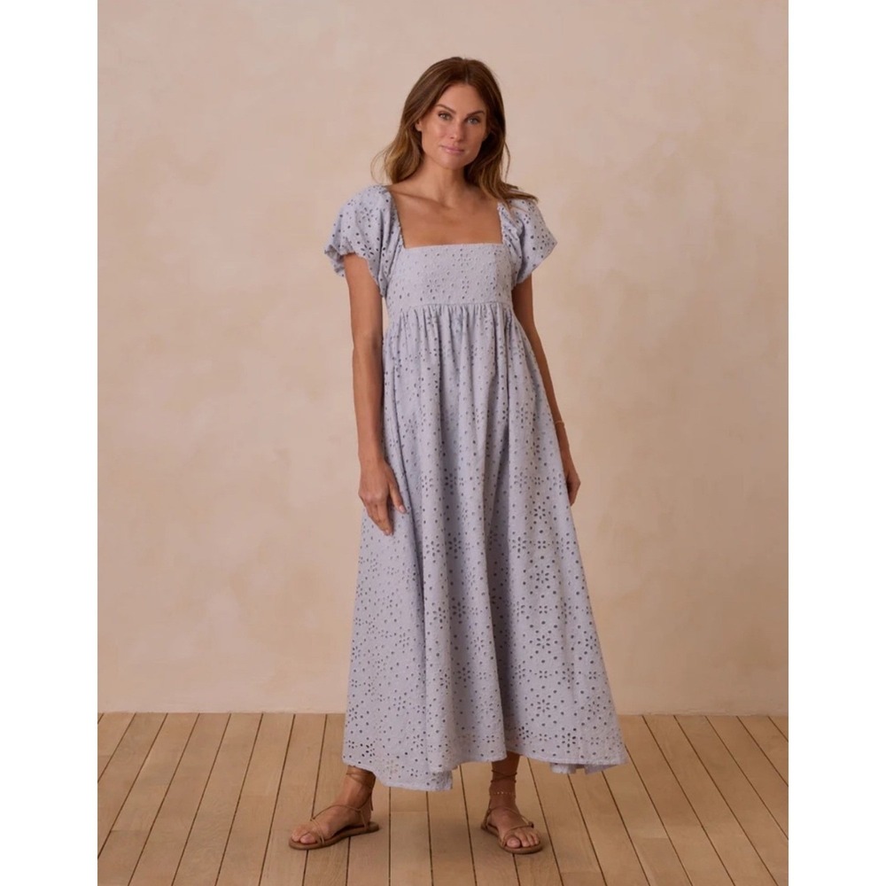 Rylee + Cru Dusty Blue Eyelet Cotton Midi Dress Square Neck Flutter Sleeve S